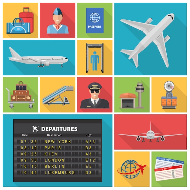 Free vector airport decorative flat icons set with airplanes departures schedule pilot ticket luggage
