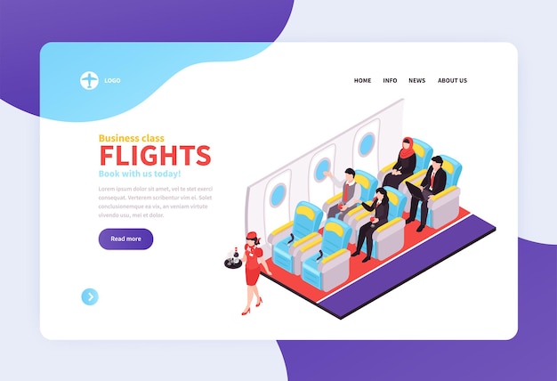 Free vector booking air tickets isometric landing page with offering business class flights
