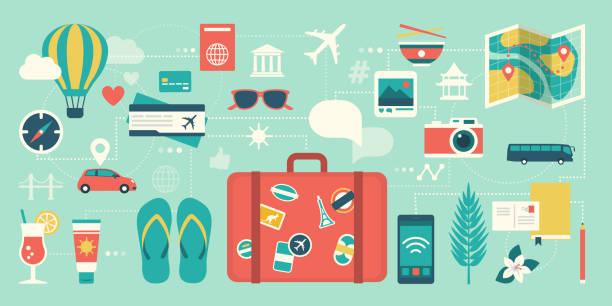 Summer vacations and international traveling Summer vacations and international traveling: suitcase, smartphone and network of traveling icons flight air ticket booking stock illustrations