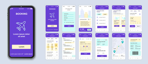 Booking smartphone interface vector templates set. Booking smartphone interface vector templates set. Travel app web page purple design layout. Pack of UI, UX, GUI screens for planning trip application. Phone display. Web design kit flight air ticket booking stock illustrations