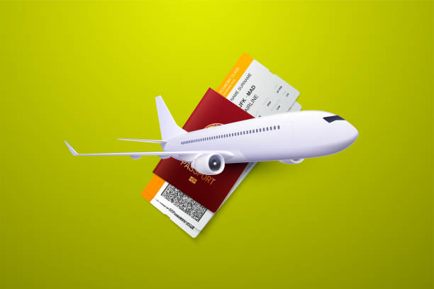 Travel agency concept. Vector 3d illustration of passport, boarding pass and airplane. Travel agency concept. Booking service. Air transportation. Flight tickets. Advertising banner. airline flight ticket stock illustrations