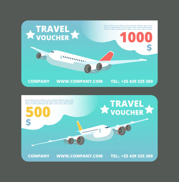 Gift travel voucher, travelling promo card. Ticket with flying airplane in the sky vector set Gift travel voucher, travelling promo card. Ticket with flying airplane in the sky vector set. Illustration of airplane gift voucher, card for travel and vacation flight air tickets cheap stock illustrations