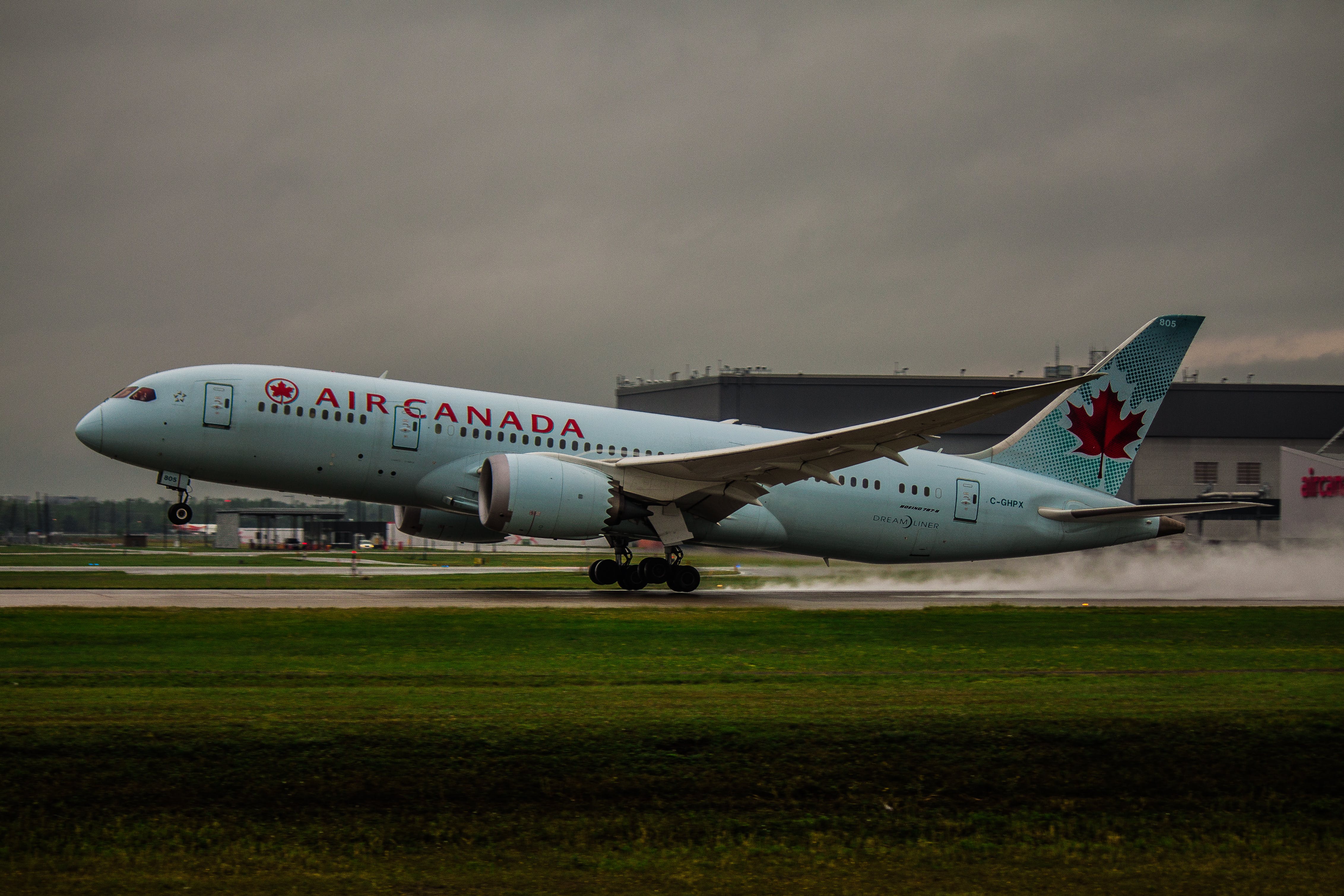 white air canada plane on green grass