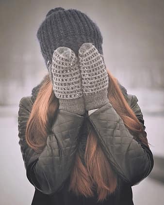 covering face, girly, winter clothes, female, cover, hair, hidding, ashamed, embarrassed