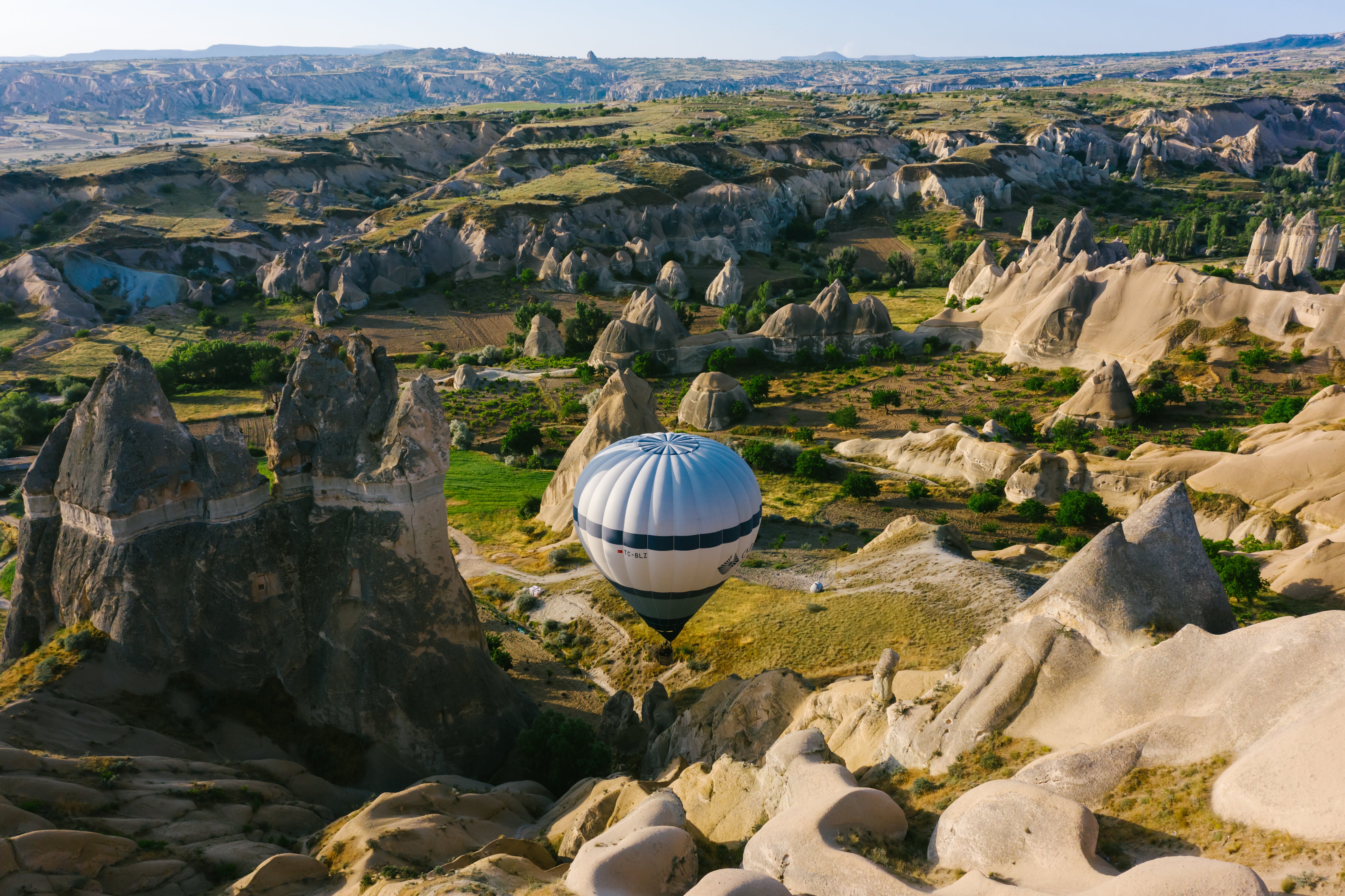 white and black hot air balloon on rocky ground